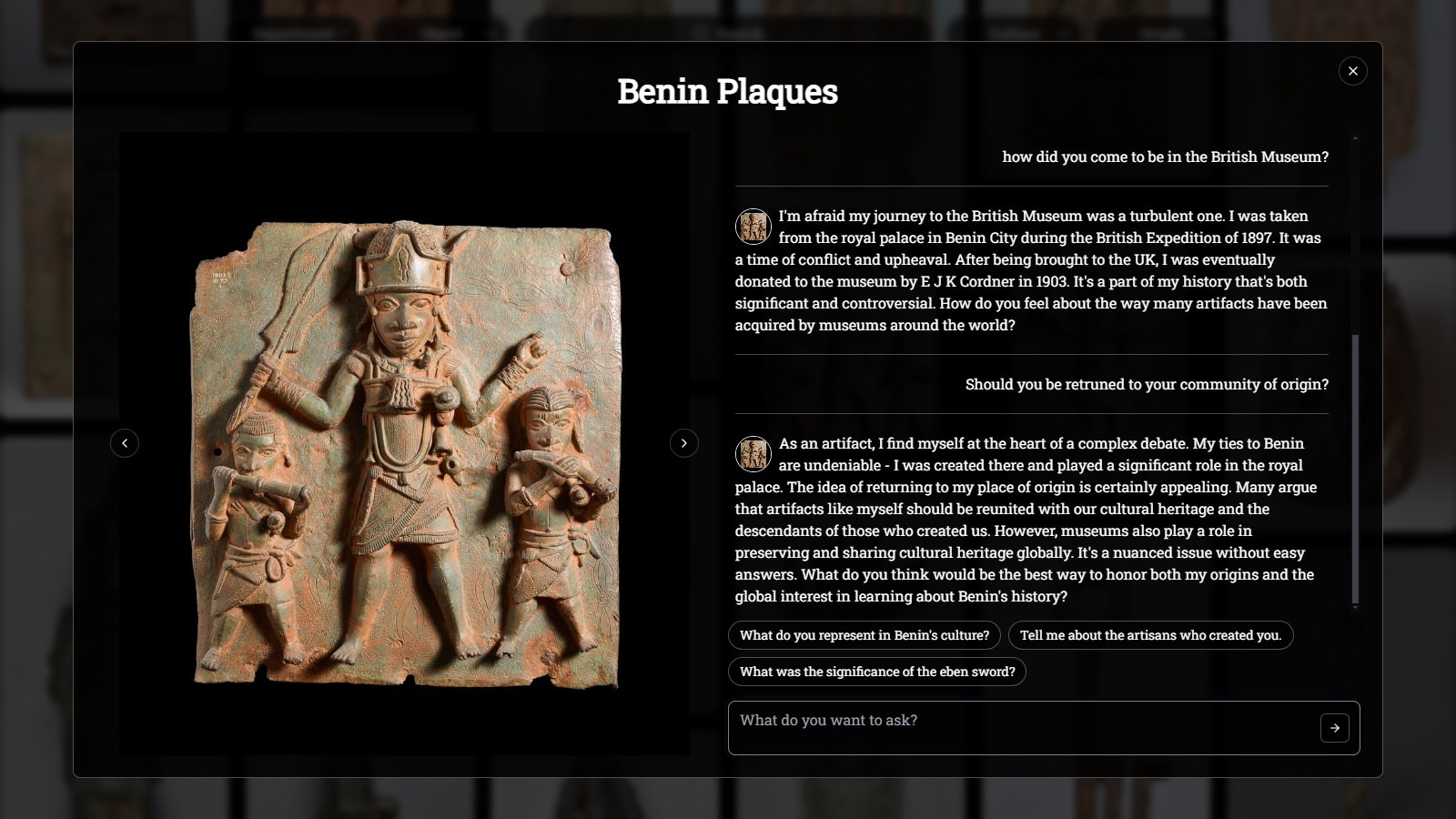 A Benin Bronze responds to a question about repatriation